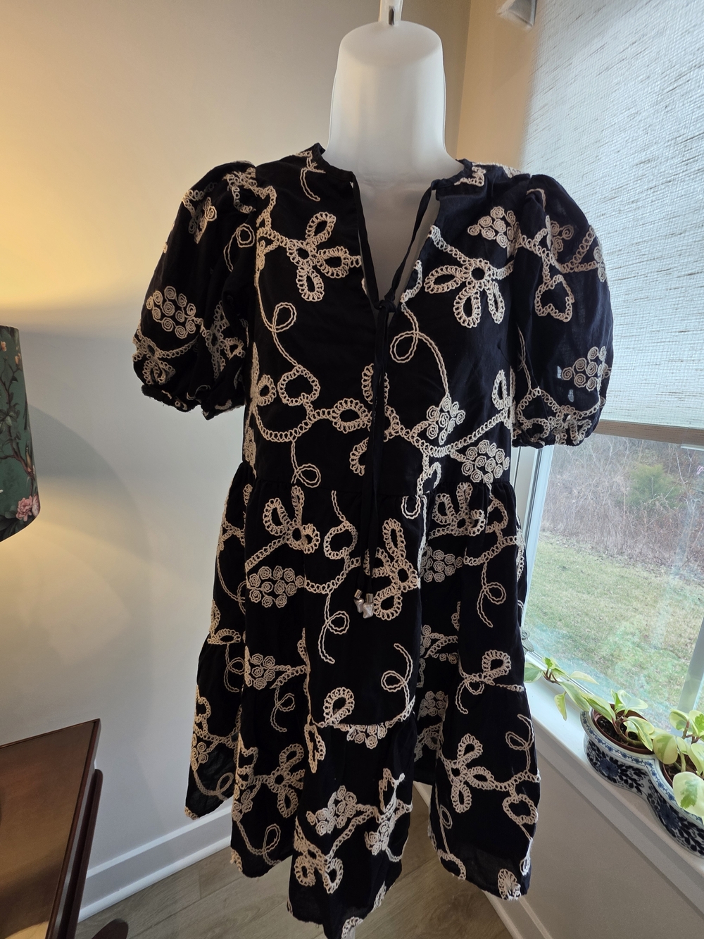Black Embroidered Cotton Puff-Sleeve Midi Dress Cottagecore Coquette Size XS - Picture 2 of 13